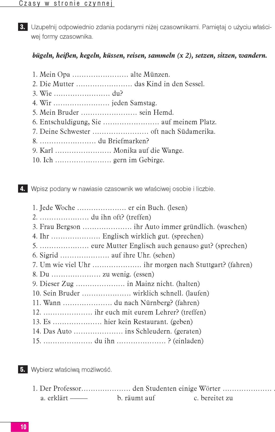 Mein Bruder sein Hemd. 6. Entschuldigung, Sie auf meinem Platz. 7. Deine Schwester oft nach Südamerika. 8. du Briefmarken? 9. Karl Monika auf die Wange. 10. Ich gern im Gebirge. 4.