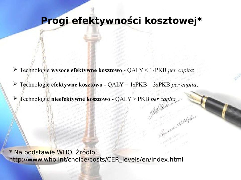 capita; Technologie nieefektywne kosztowo - QALY > PKB per capita * Na