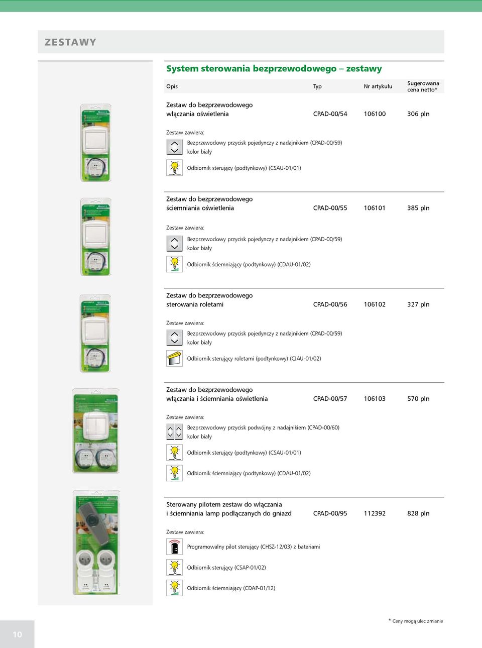 pojedynczy z nadajnikiem (CPAD-00/59) kolor biały Odbiornik ściemniający (podtynkowy) (CDAU-01/02) Zestaw do bezprzewodowego sterowania roletami CPAD-00/56 106102 327 pln Zestaw zawiera: