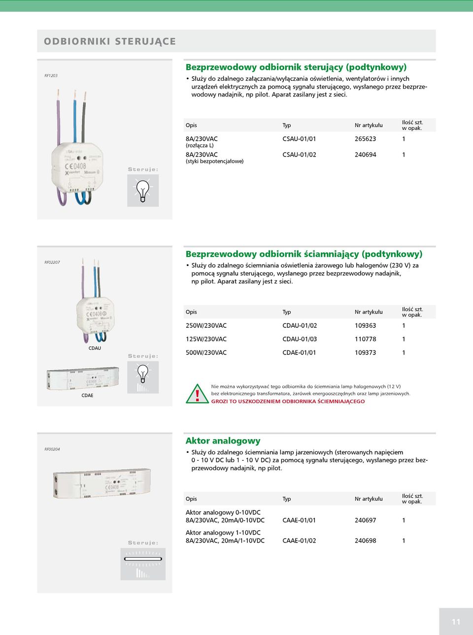 Steruje: 8A/230VAC (rozłącza L) 8A/230VAC (styki bezpotencjałowe) 8A/230VAC (rozłącza L i N) CSAU-01/01 265623 1 CSAU-01/02 240694 1 CSAU-01/03 240695 1 RF02207 Bezprzewodowy odbiornik ściamniający