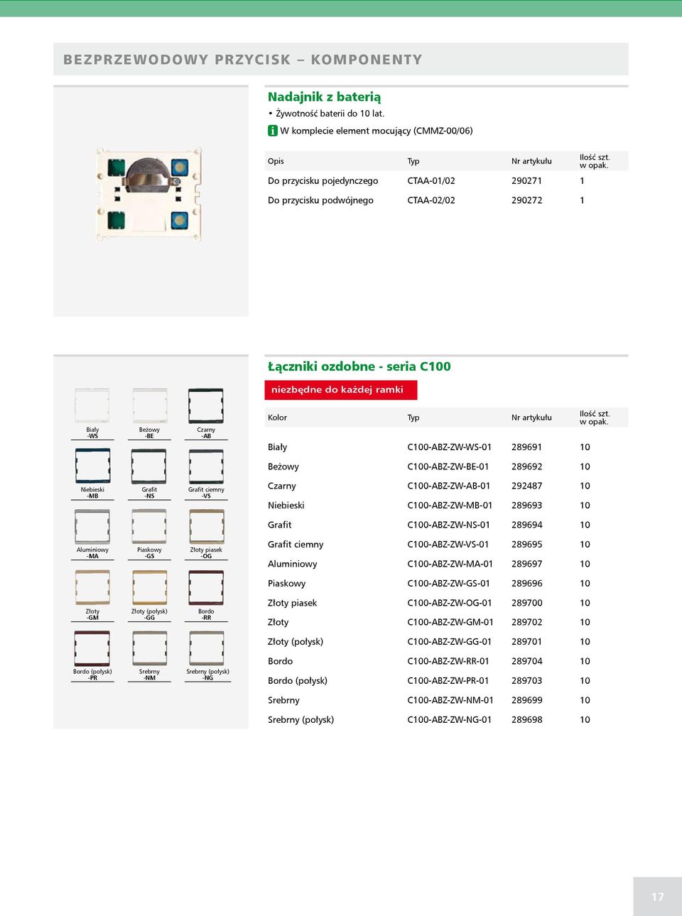 Beżowy -BE Czarny -AB Kolor Typ Nr artykułu Biały C100-ABZ-ZW-WS-01 289691 10 Beżowy C100-ABZ-ZW-BE-01 289692 10 Niebieski -MB Grafit -NS Grafit ciemny -VS Czarny C100-ABZ-ZW-AB-01 292487 10