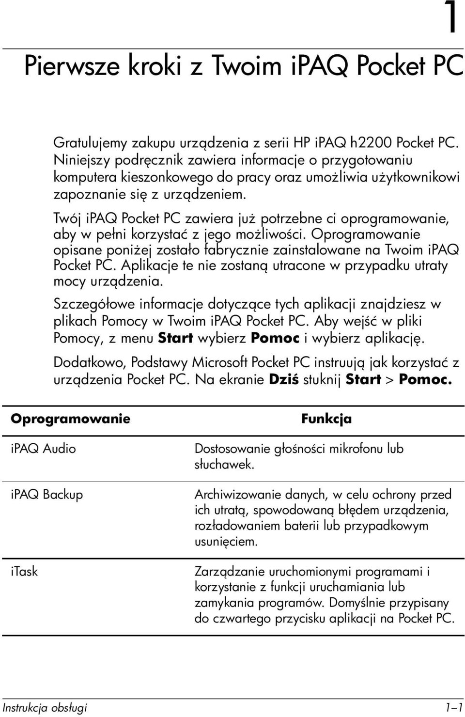 Twój ipaq Pocket PC zawiera ju potrzebne ci oprogramowanie, aby w pełni korzystać z jego mo liwo ci. Oprogramowanie opisane poni ej zostało fabrycznie zainstalowane na Twoim ipaq Pocket PC.