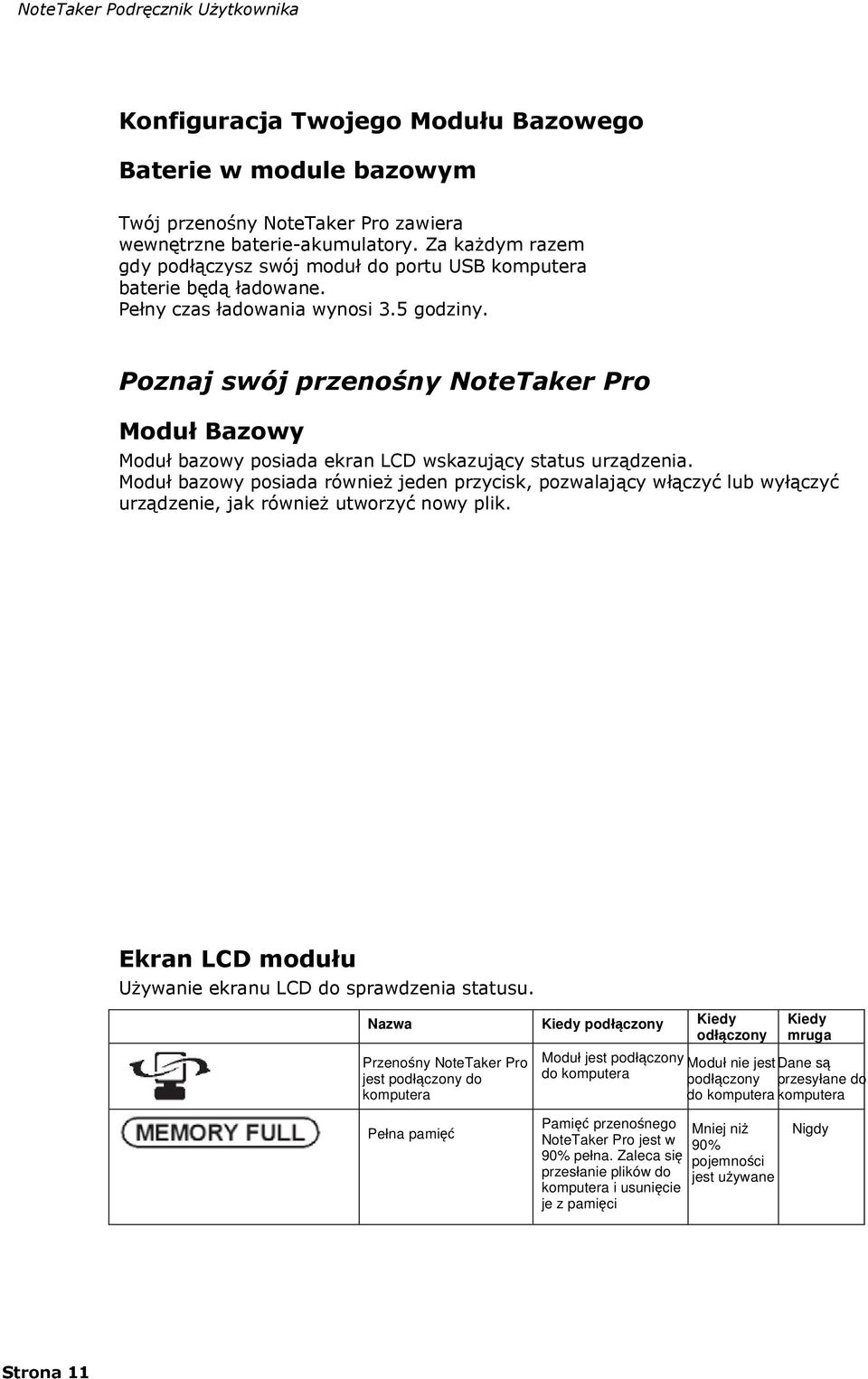 Poznaj swój przenośny NoteTaker Pro Moduł Bazowy Moduł bazowy posiada ekran LCD wskazujący status urządzenia.