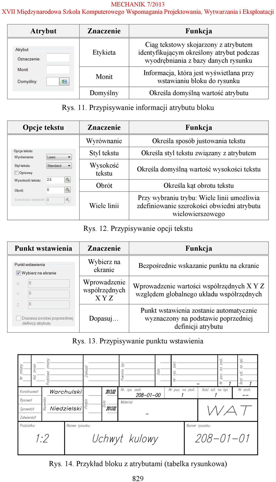 Przypisywanie informacji atrybutu bloku Opcje tekstu Znaczenie Funkcja Wyrównanie Styl tekstu Wysokość tekstu Obrót Wiele linii Określa sposób justowania tekstu Określa styl tekstu związany z