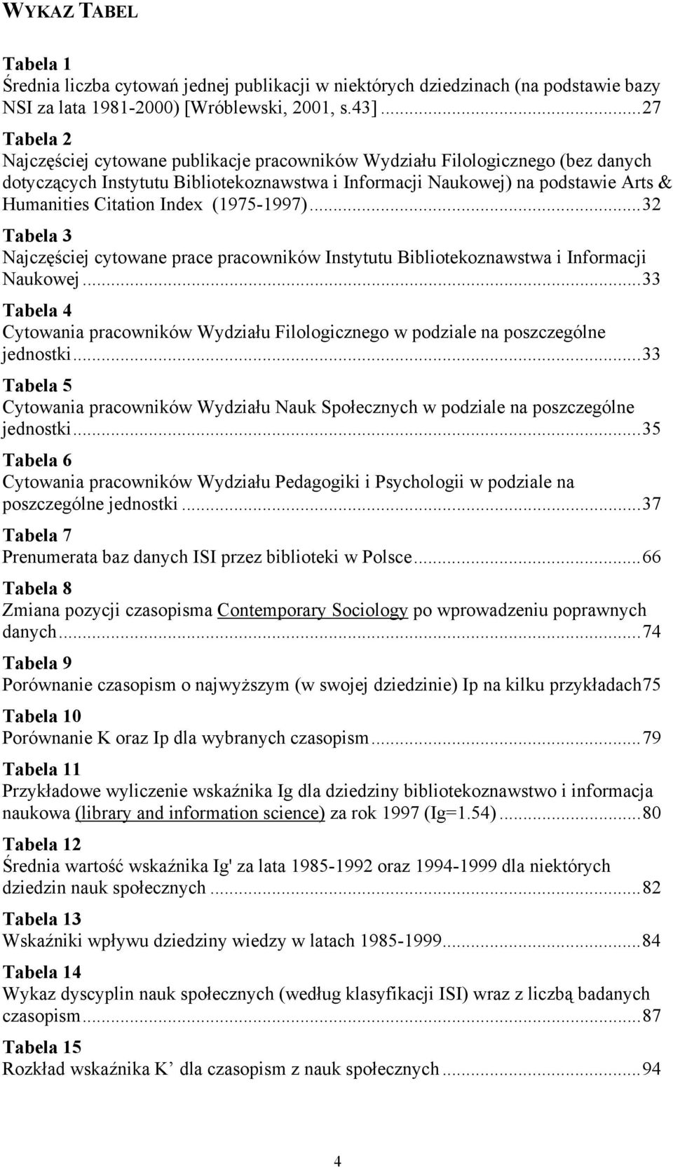 Index (1975-1997)...32 Tabela 3 Najczęściej cytowane prace pracowników Instytutu Bibliotekoznawstwa i Informacji Naukowej.