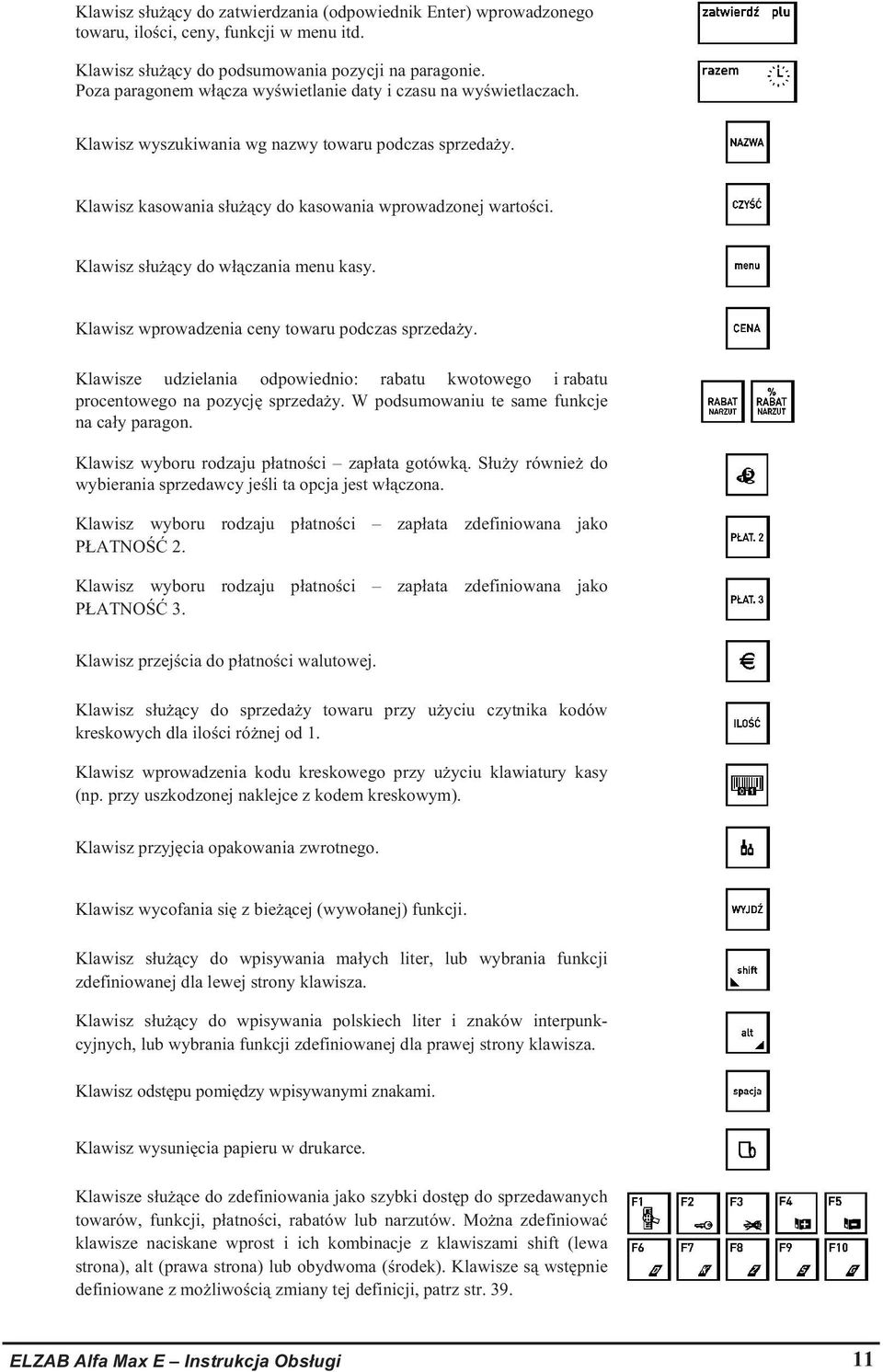 Klawisz sucy do wczania menu kasy. Klawisz wprowadzenia ceny towaru podczas sprzeday. Klawisze udzielania odpowiednio: rabatu kwotowego i rabatu procentowego na pozycj sprzeday.