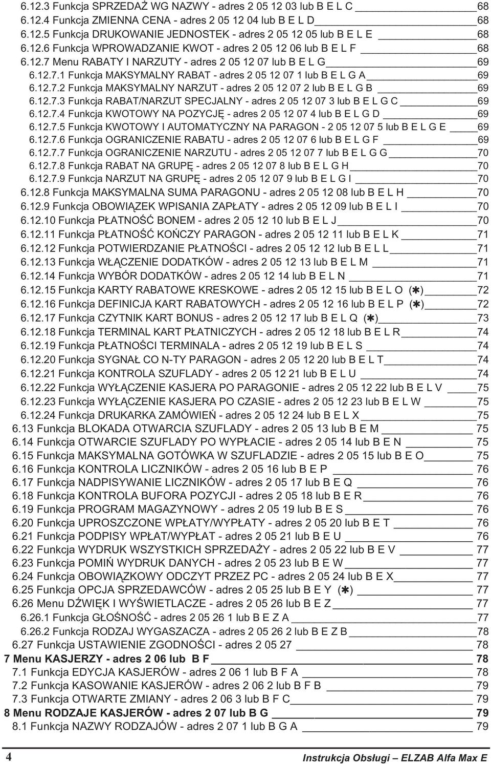 12.7.2 Funkcja MAKSYMALNY NARZUT - adres 2 05 12 07 2 lub B E L G B 69 6.12.7.3 Funkcja RABAT/NARZUT SPECJALNY - adres 2 05 12 07 3 lub B E L G C 69 6.12.7.4 Funkcja KWOTOWY NA POZYCJ - adres 2 05 12 07 4 lub B E L G D 69 6.