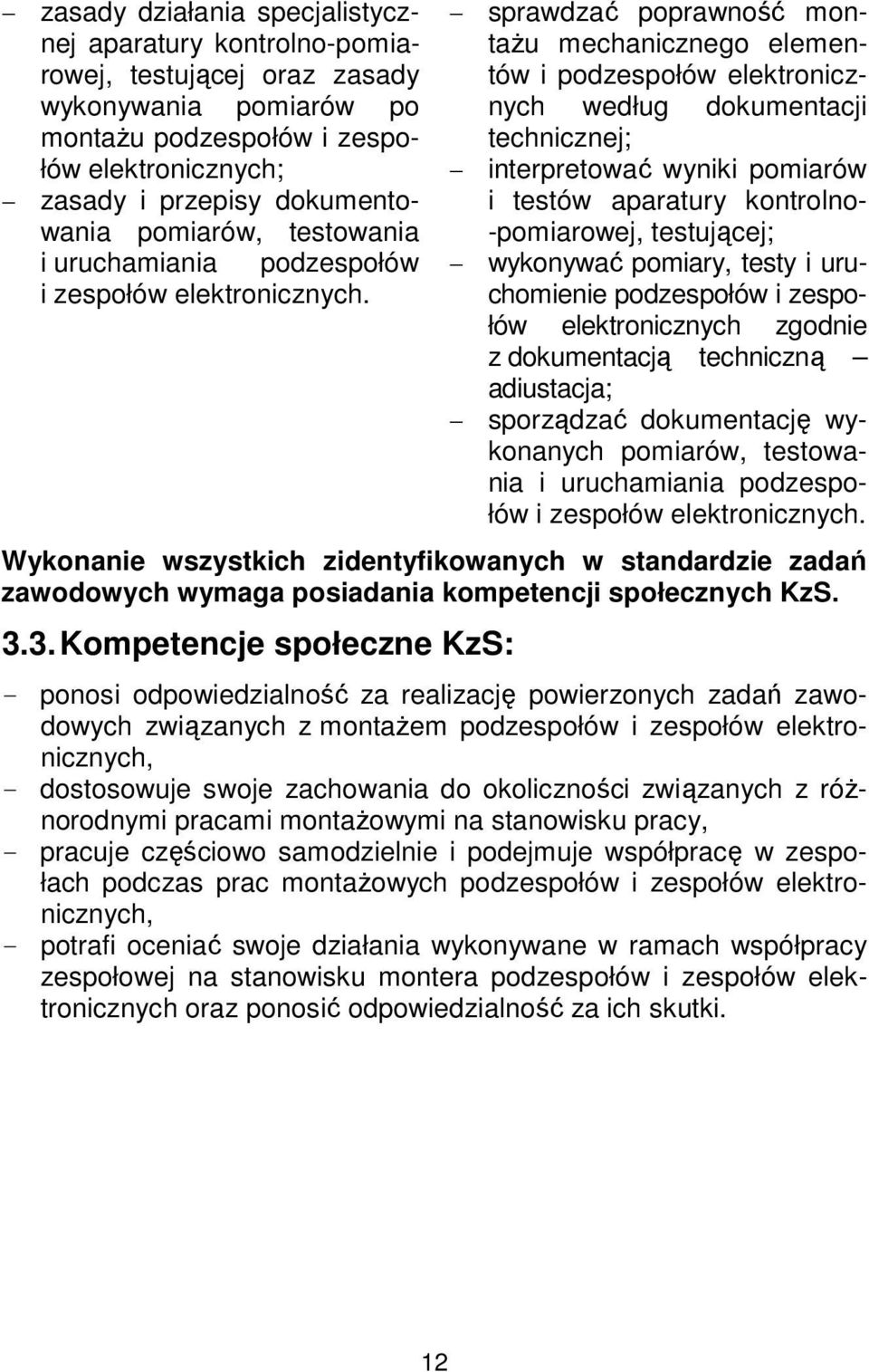 sprawdzać poprawność montażu mechanicznego elementów i podzespołów elektronicznych według dokumentacji technicznej; interpretować wyniki pomiarów i testów aparatury kontrolno- -pomiarowej,