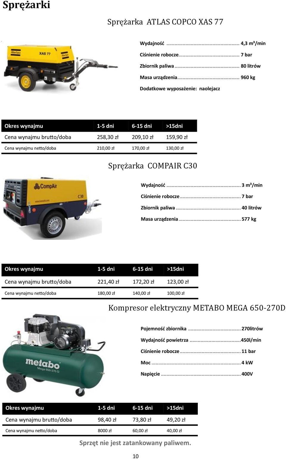 .. 3 m³/min Ciśnienie robocze... 7 bar Zbiornik paliwa... 40 litrów Masa urządzenia.