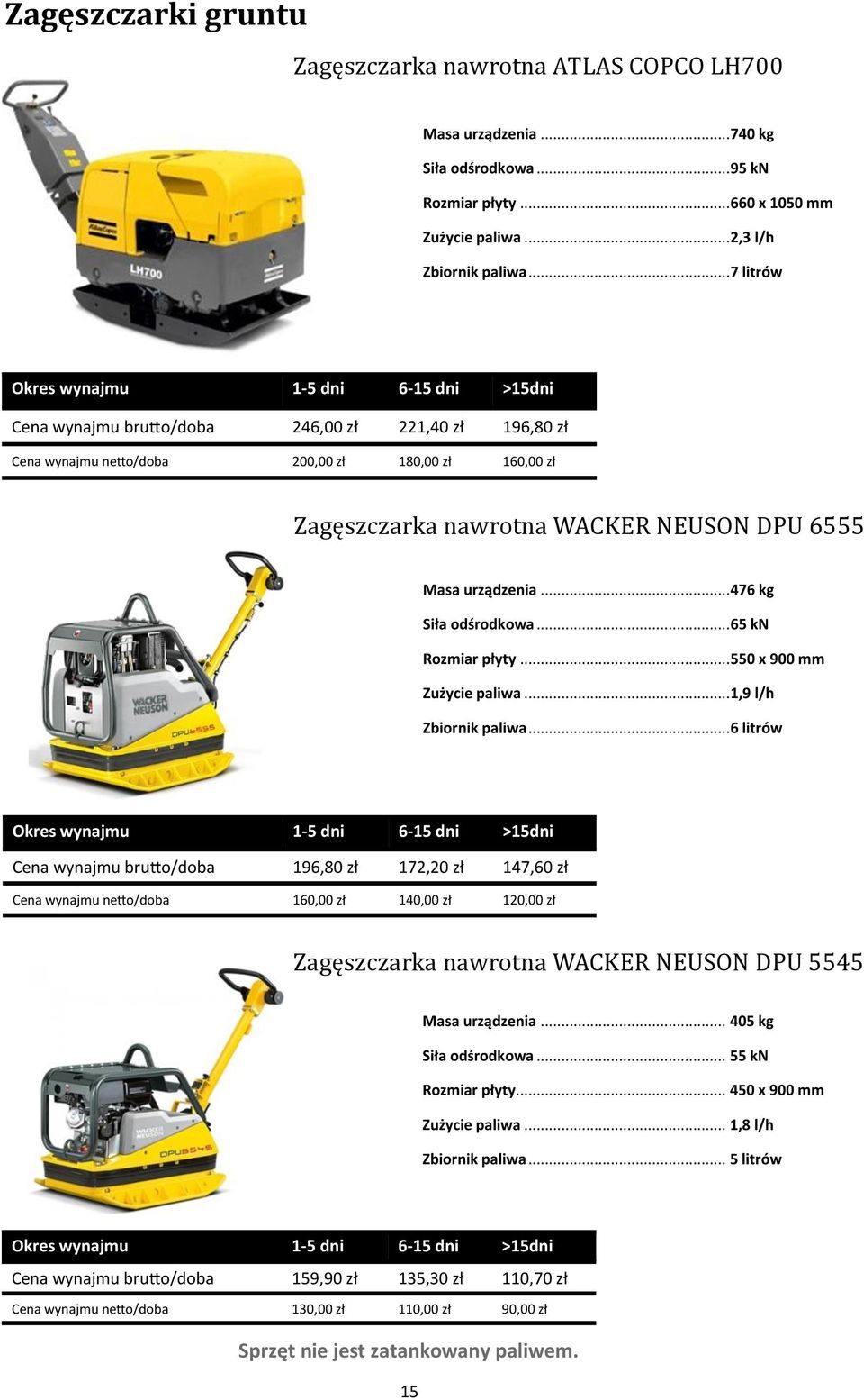 .. 476 kg Siła odśrodkowa... 65 kn Rozmiar płyty... 550 x 900 mm Zużycie paliwa... 1,9 l/h Zbiornik paliwa.