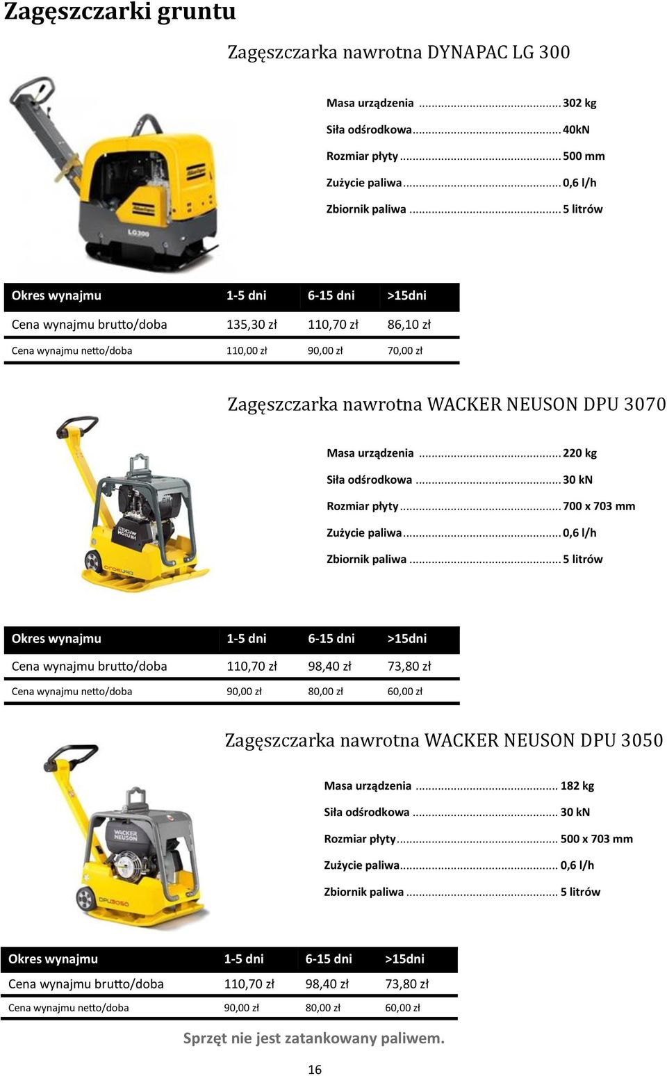 .. 220 kg Siła odśrodkowa... 30 kn Rozmiar płyty... 700 x 703 mm Zużycie paliwa... 0,6 l/h Zbiornik paliwa.