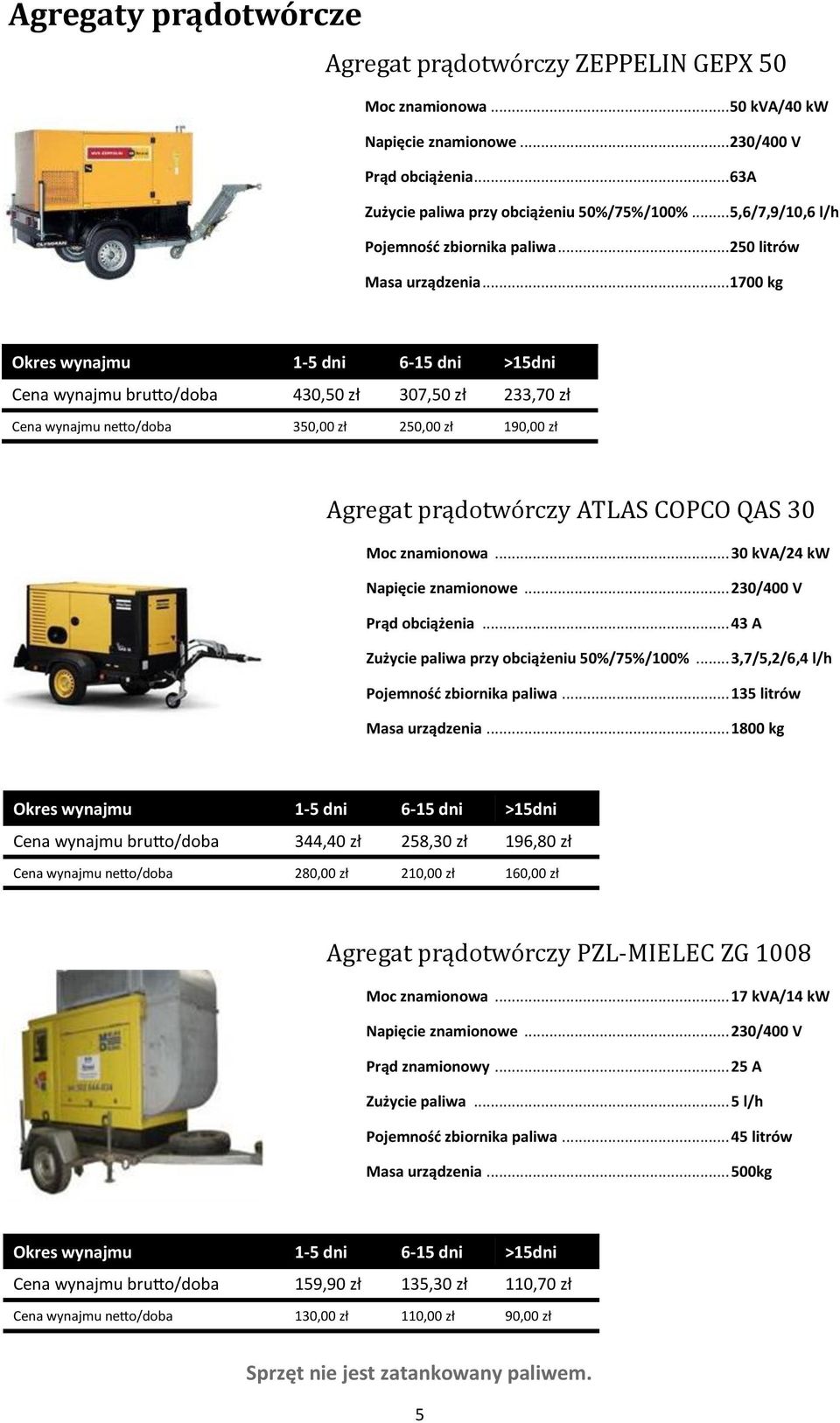 .. 1700 kg Cena wynajmu brutto/doba 430,50 zł 307,50 zł 233,70 zł Cena wynajmu netto/doba 350,00 zł 250,00 zł 190,00 zł Agregat prądotwo rczy ATLAS COPCO QAS 30 Moc znamionowa.