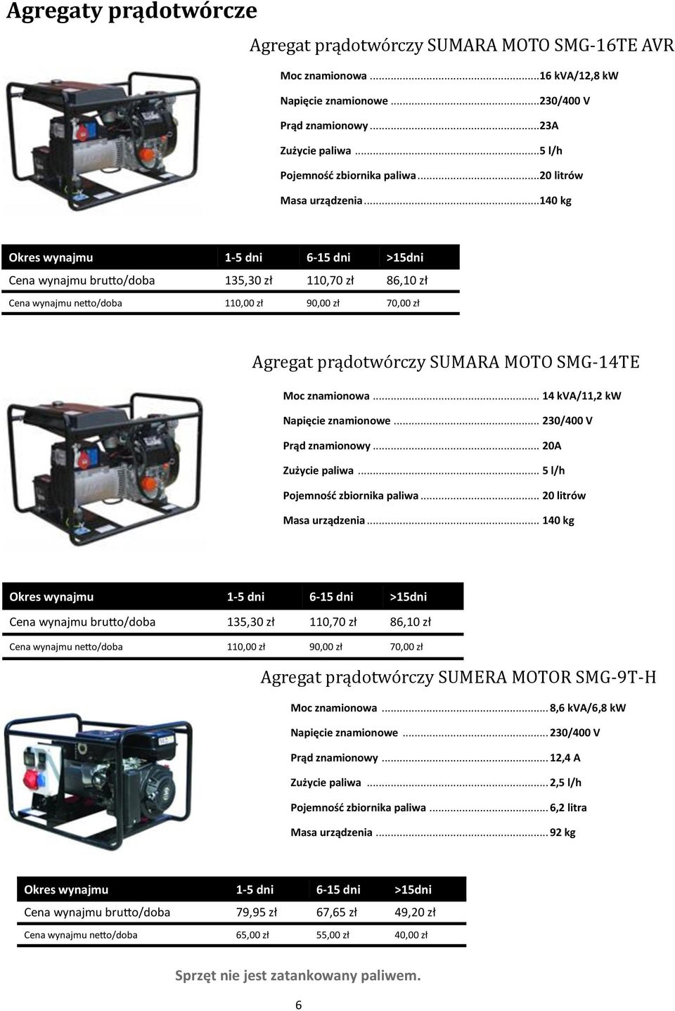 .. 140 kg Cena wynajmu brutto/doba 135,30 zł 110,70 zł 86,10 zł Cena wynajmu netto/doba 110,00 zł 90,00 zł 70,00 zł Agregat prądotwo rczy SUMARA MOTO SMG-14TE Moc znamionowa.