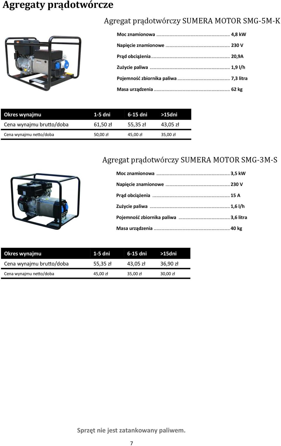.. 62 kg Cena wynajmu brutto/doba 61,50 zł 55,35 zł 43,05 zł Cena wynajmu netto/doba 50,00 zł 45,00 zł 35,00 zł Agregat prądotwo rczy SUMERA MOTOR SMG-3M-S Moc znamionowa.