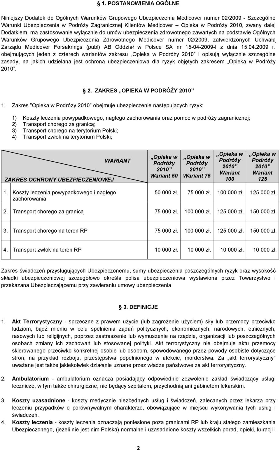 zatwierdzonych Uchwałą Zarządu Medicover Forsakrings (publ) AB Oddział w Polsce SA nr 15-04-2009-I z dnia 15.04.2009 r.