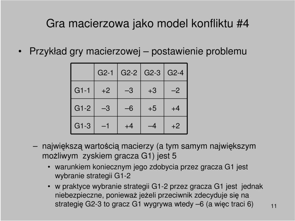 koniecznym jego zdobycia przez gracza G1 jest wybranie strategii G1-2 w praktyce wybranie strategii G1-2 przez gracza G1 jest