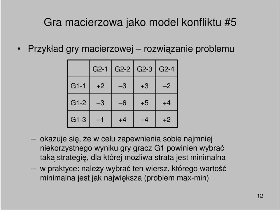 niekorzystnego wyniku gry gracz G1 powinien wybrać taką strategię, dla której moŝliwa strata jest