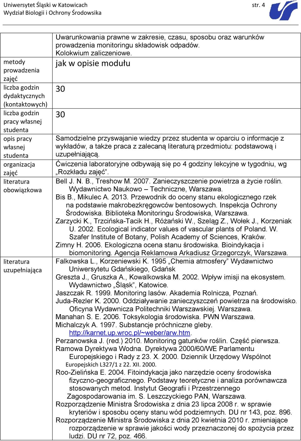 monitoringu składowisk odpadów. jak w opisie modułu 30 30 Samodzielne przyswajanie wiedzy przez w oparciu o z wykładów, a także praca z zalecaną literaturą przedmiotu: podstawową i uzupełniającą.