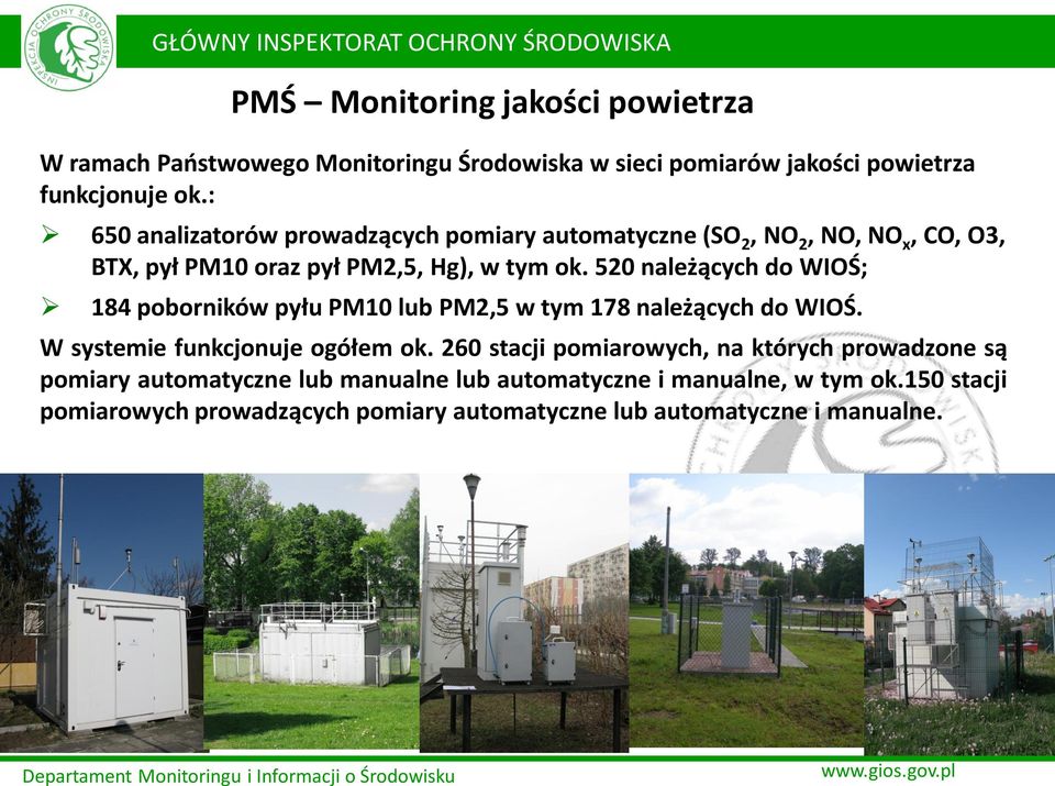 520 należących do WIOŚ; 184 poborników pyłu PM10 lub PM2,5 w tym 178 należących do WIOŚ. W systemie funkcjonuje ogółem ok.