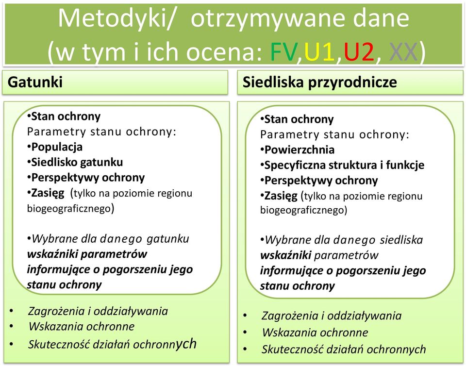 Wskazania ochronne Skuteczność działań ochronnych Stan ochrony Parametry stanu ochrony: Powierzchnia Specyficzna struktura i funkcje Perspektywy ochrony Zasięg (tylko na poziomie