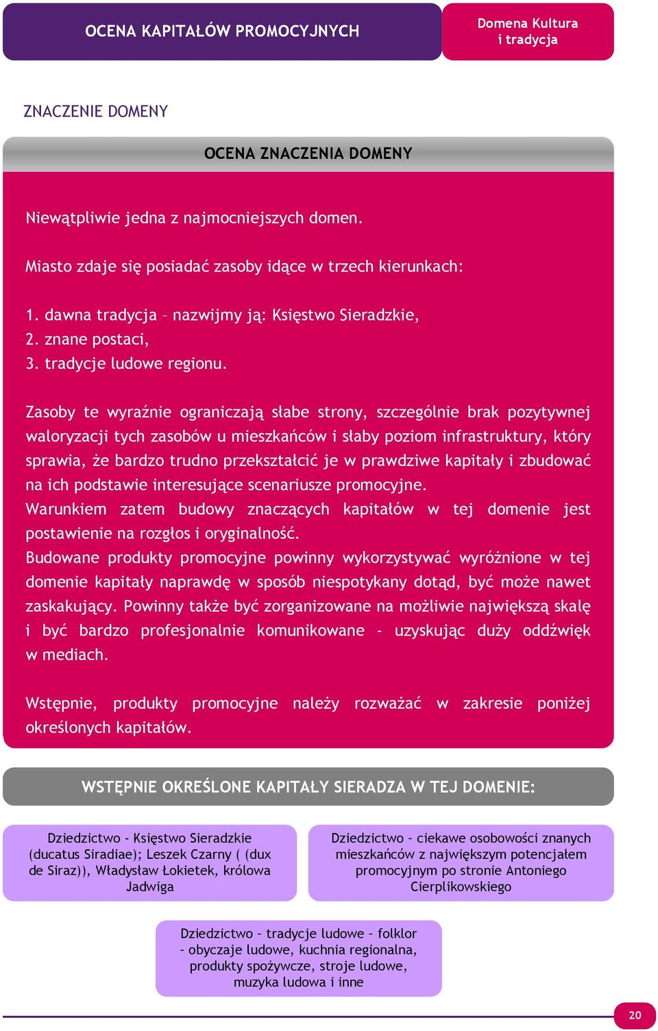 Zasoby te wyraźnie ograniczają słabe strony, szczególnie brak pozytywnej waloryzacji tych zasobów u mieszkańców i słaby poziom infrastruktury, który sprawia, Ŝe bardzo trudno przekształcić je w