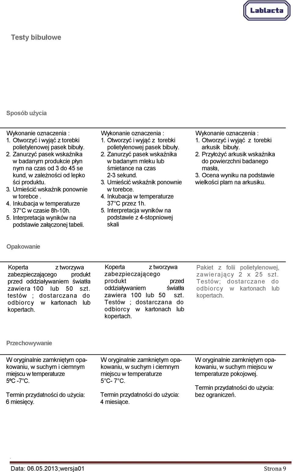 5. Interpretacja wyników na podstawie załączonej tabeli. Wykonanie oznaczenia : 1. Otworzyć i wyjąć z torebki polietylenowej pasek bibuły. 2.