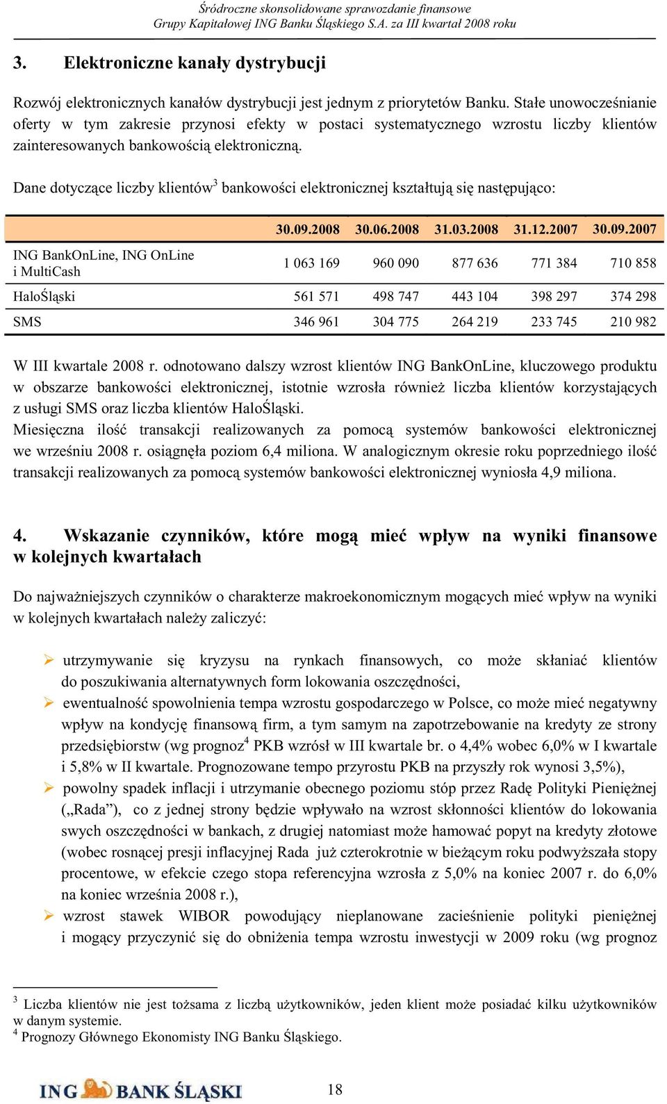 Dane dotycz ce liczby klientów 3 bankowo ci elektronicznej kształtuj si nast puj co: ING BankOnLine, ING OnLine i MultiCash 30.09.