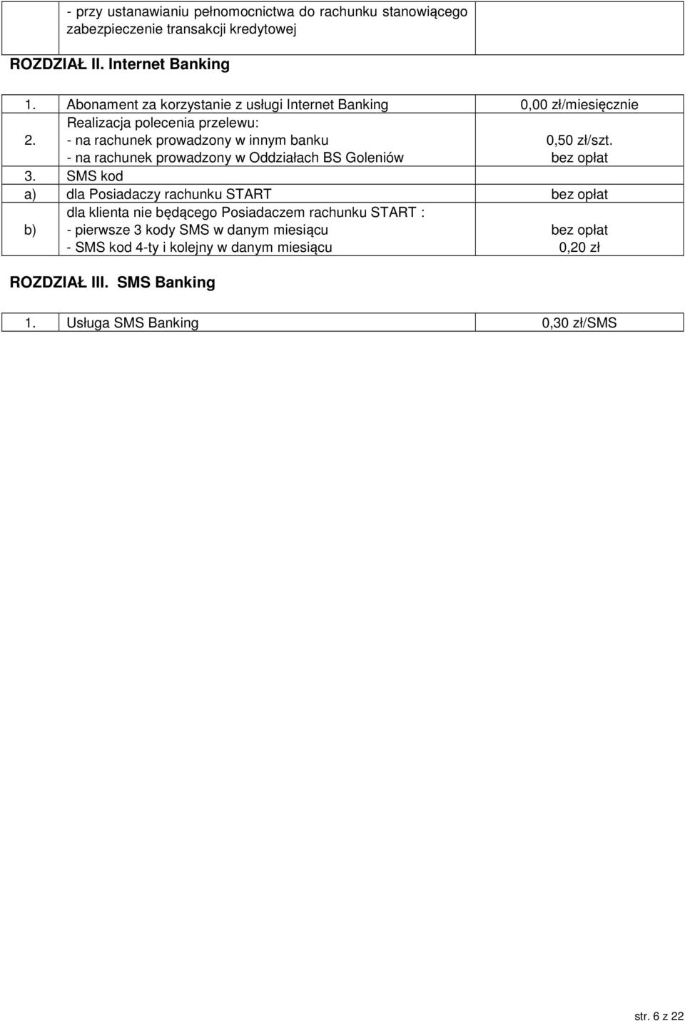 Realizacja polecenia przelewu: - na rachunek prowadzony w innym banku - na rachunek prowadzony w Oddziałach BS Goleniów 0,50 zł/szt. 3.