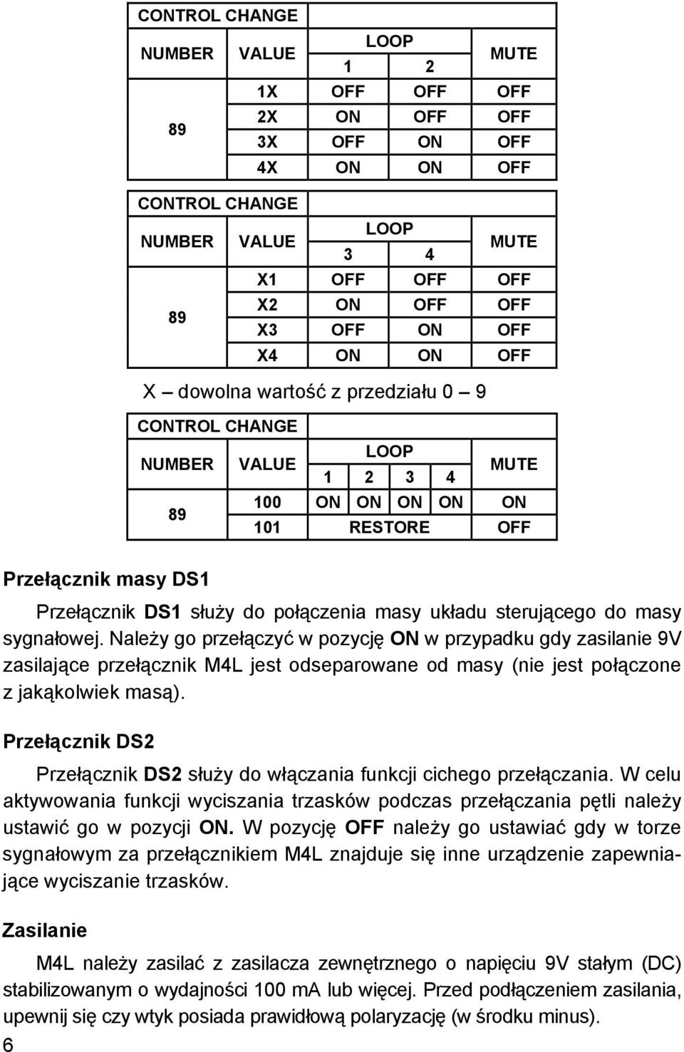 sterującego do masy sygnałowej. Należy go przełączyć w pozycję ON w przypadku gdy zasilanie 9V zasilające przełącznik M4L jest odseparowane od masy (nie jest połączone z jakąkolwiek masą).