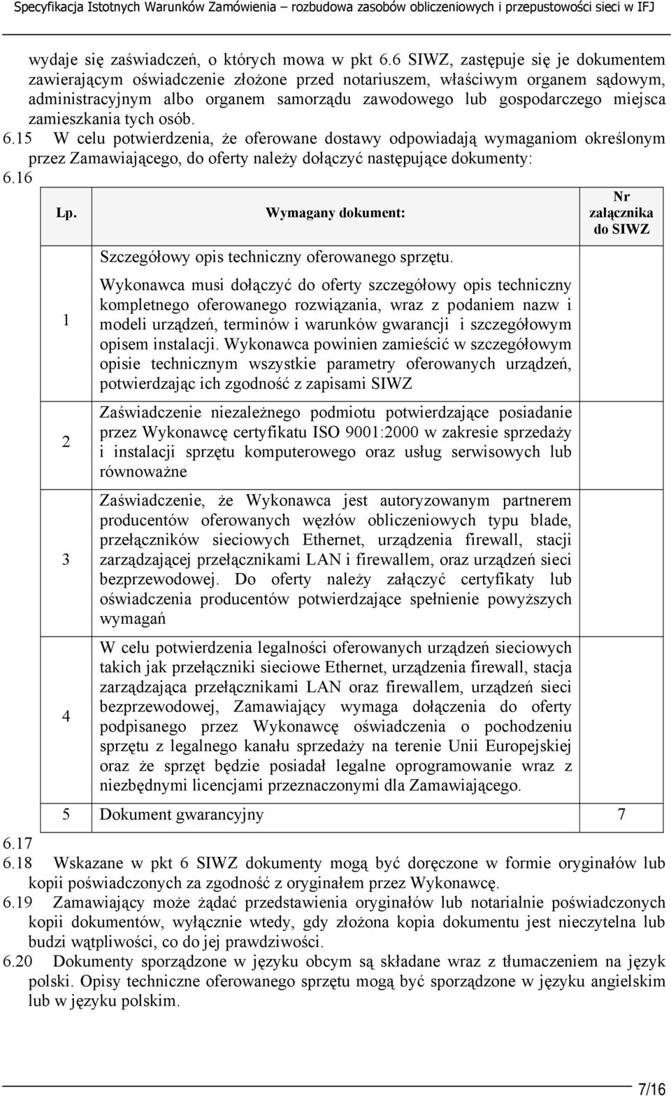 zamieszkania tych osób. 6.15 W celu potwierdzenia, że oferowane dostawy odpowiadają wymaganiom określonym przez Zamawiającego, do oferty należy dołączyć następujące dokumenty: 6.16 Lp.