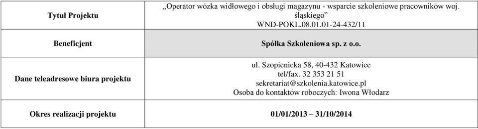 01-24-432/11 Spółka Szkoleniowa sp. z o.o. ul. Szopienicka 58, 40-432 Katowice tel/fax.