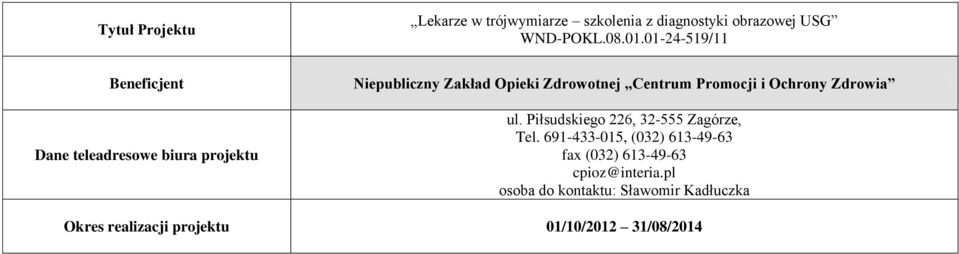 Promocji i Ochrony Zdrowia ul. Piłsudskiego 226, 32-555 Zagórze, Tel.