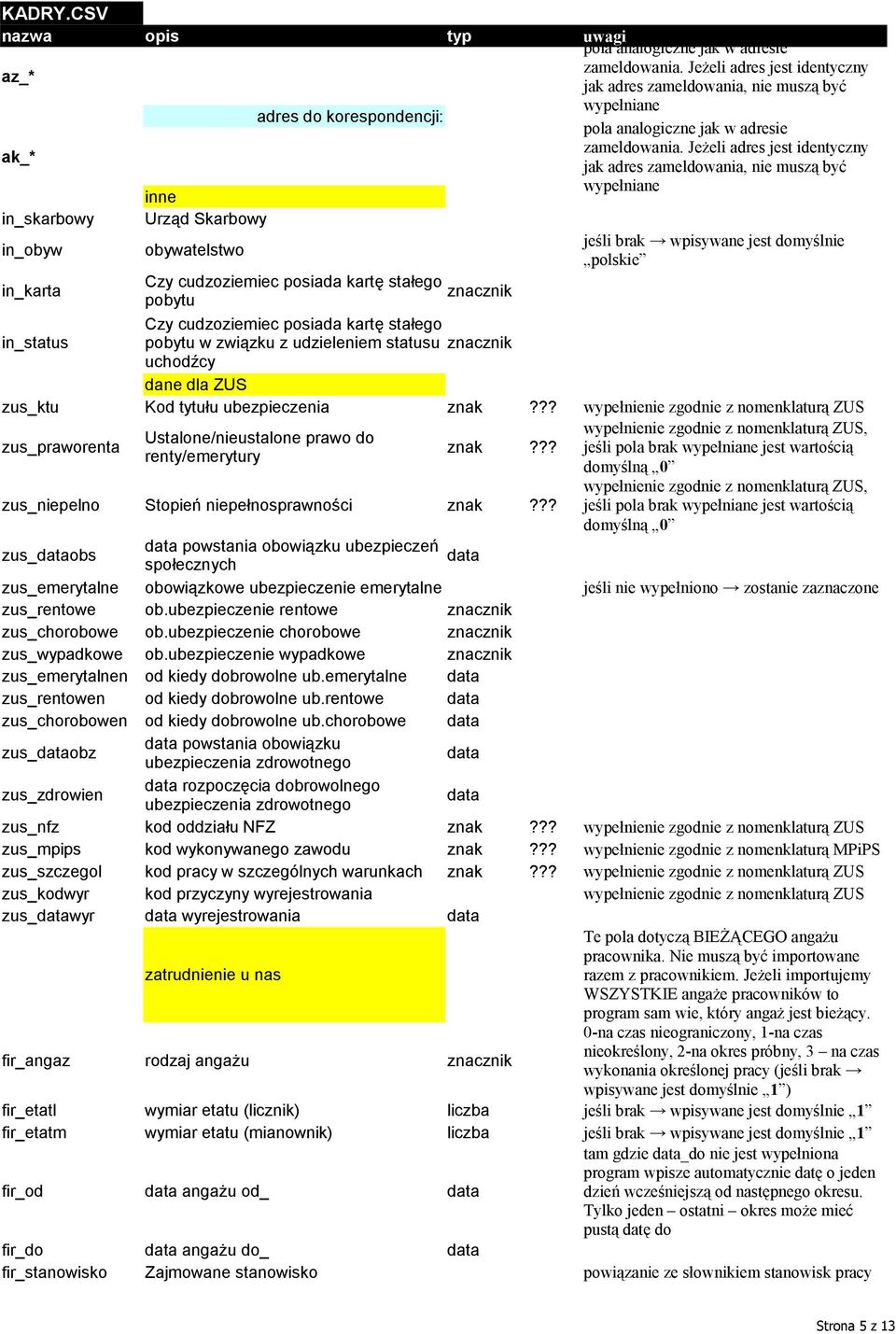 Jeżeli adres jest identyczny jak adres zameldowania, nie muszą być inne wypełniane in_skarbowy Urząd Skarbowy in_obyw obywatelstwo jeśli brak wpisywane jest domyślnie polskie in_karta Czy