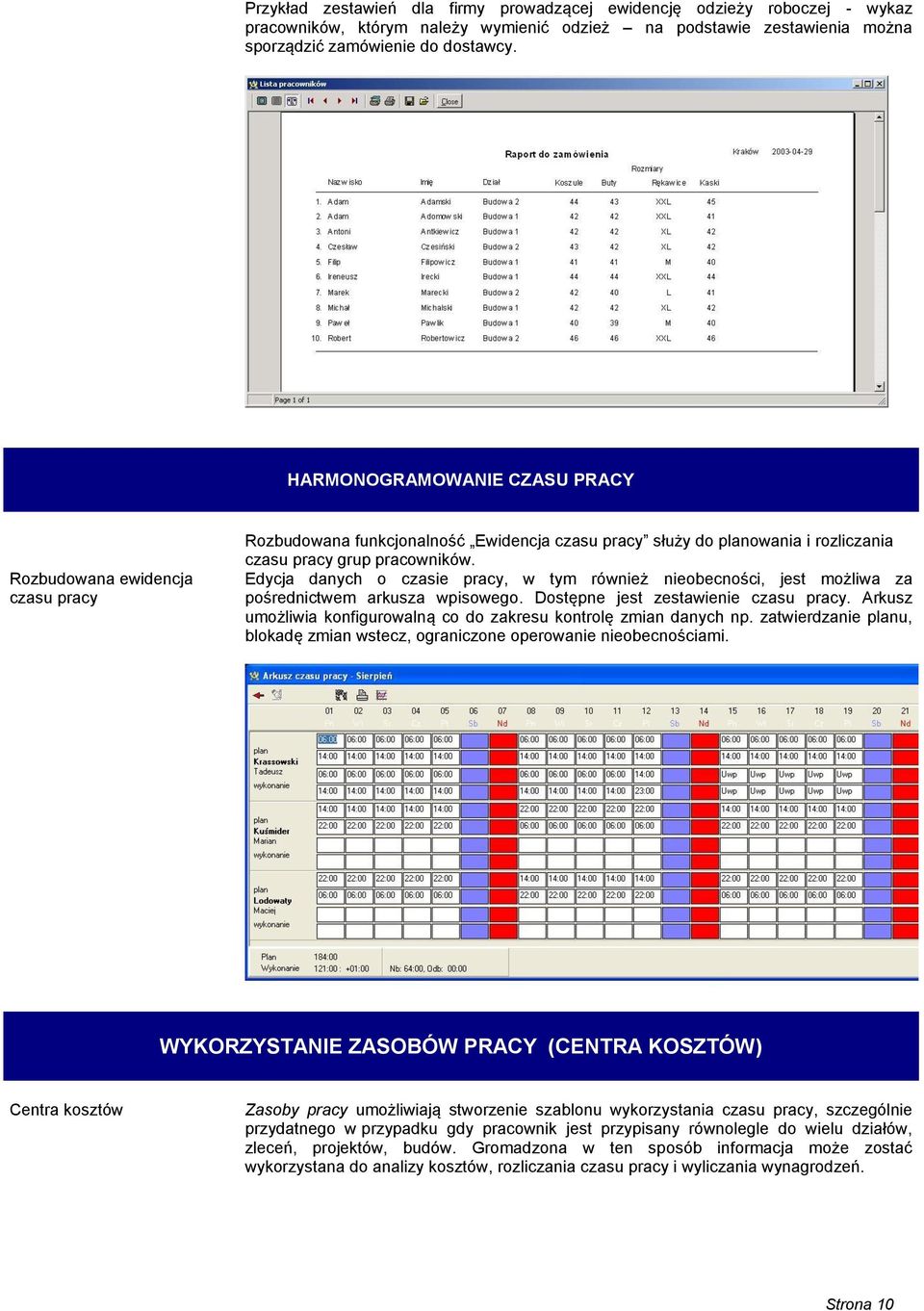 Edycja danych o czasie pracy, w tym również nieobecności, jest możliwa za pośrednictwem arkusza wpisowego. Dostępne jest zestawienie czasu pracy.