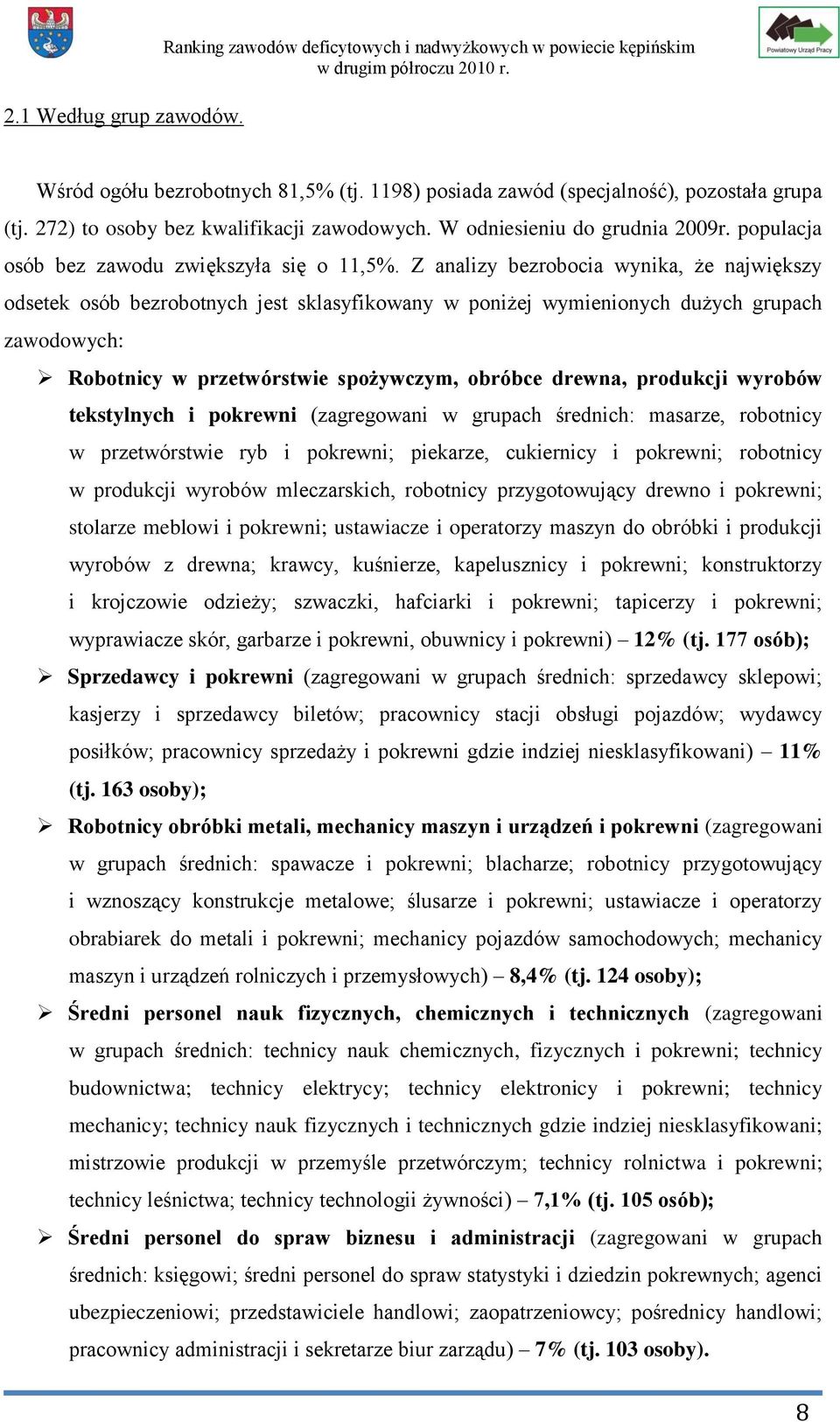 Z analizy bezrobocia wynika, że największy odsetek osób bezrobotnych jest sklasyfikowany w poniżej wymienionych dużych grupach zawodowych: Robotnicy w przetwórstwie spożywczym, obróbce drewna,