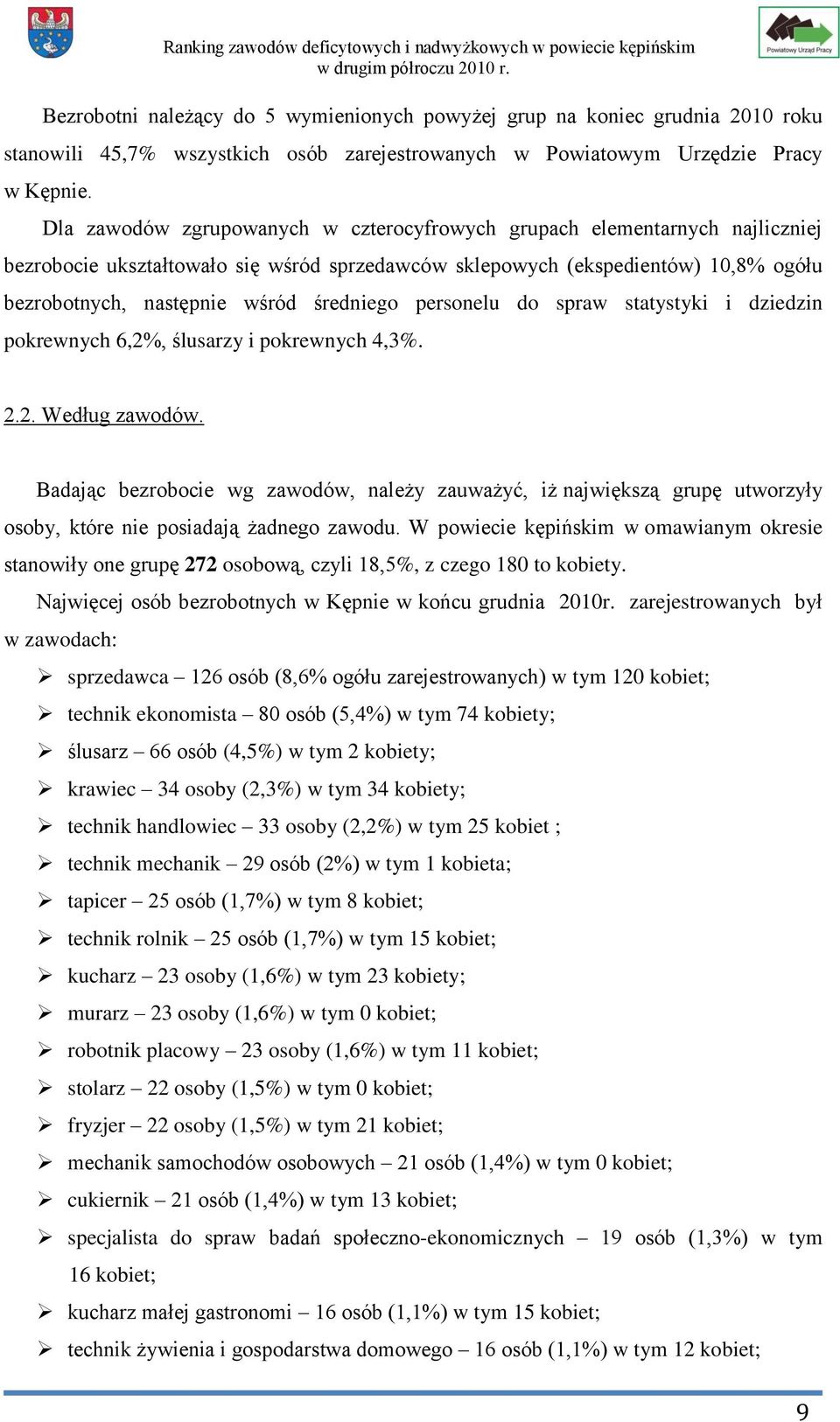 średniego personelu do spraw statystyki i dziedzin pokrewnych 6,2%, ślusarzy i pokrewnych 4,3%. 2.2. Według zawodów.