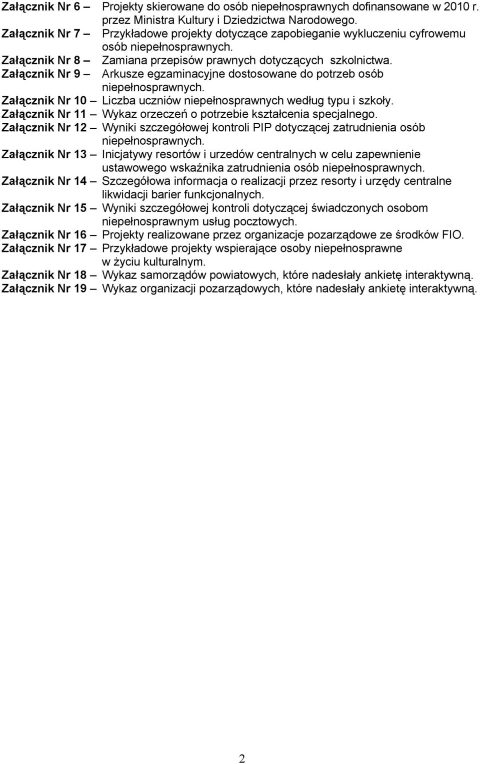 Załącznik Nr 9 Arkusze egzaminacyjne dostosowane do potrzeb osób niepełnosprawnych. Załącznik Nr 10 Liczba uczniów niepełnosprawnych według typu i szkoły.