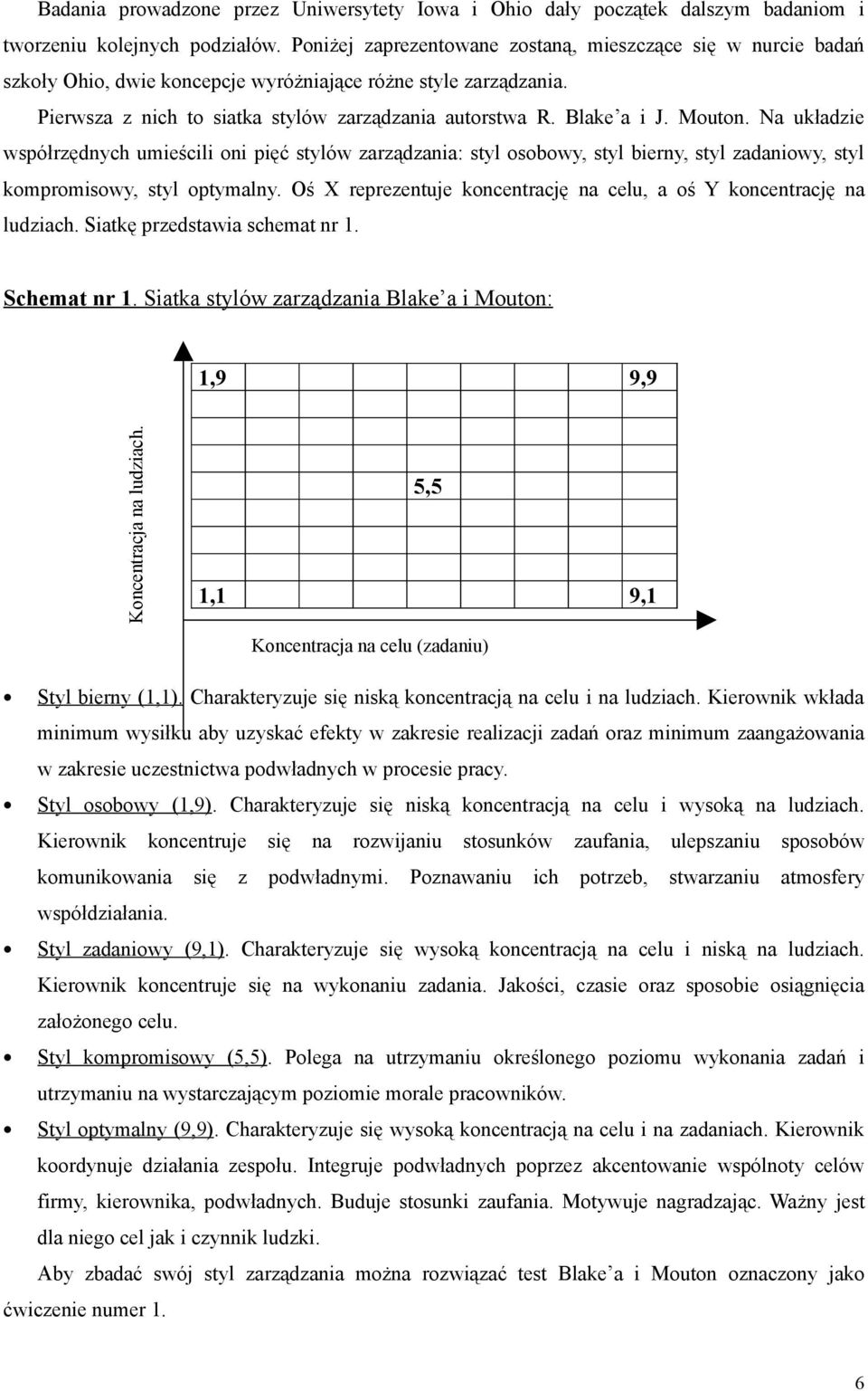 Mouton. Na układzie współrzędnych umieścili oni pięć stylów zarządzania: styl osobowy, styl bierny, styl zadaniowy, styl kompromisowy, styl optymalny.