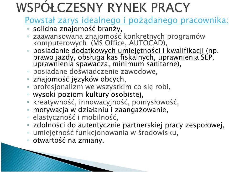 prawo jazdy, obsługa kas fiskalnych, uprawnienia SEP, uprawnienia spawacza, minimum sanitarne), posiadane doświadczenie zawodowe, znajomość języków obcych,