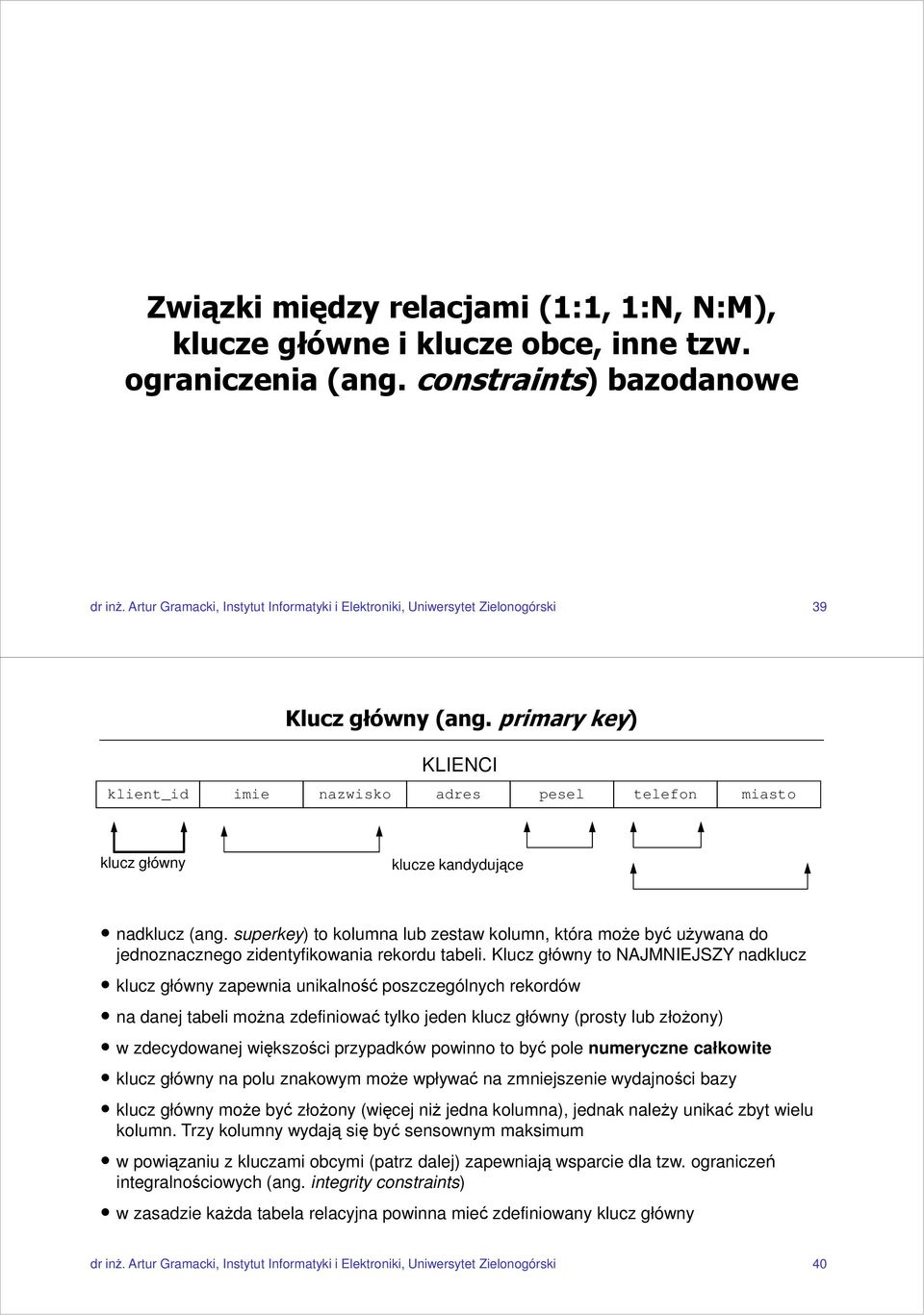 primary key) KLIENCI klient_id imie nazwisko adres pesel telefon miasto klucz główny klucze kandydujące nadklucz (ang.