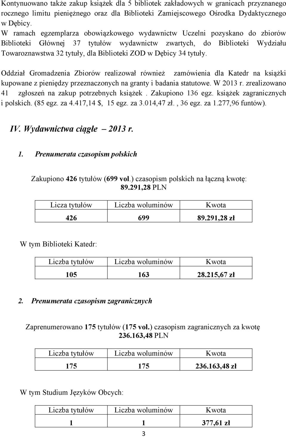 Dębicy 34 tytuły. Oddział Gromadzenia Zbiorów realizował również zamówienia dla Katedr na książki kupowane z pieniędzy przeznaczonych na granty i badania statutowe. W 2013 r.