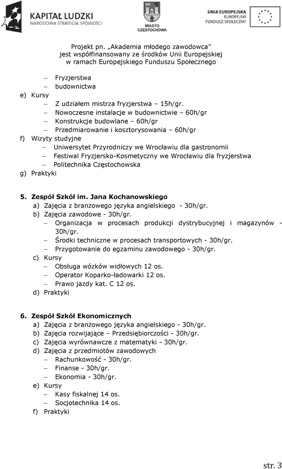 Fryzjersko-Kosmetyczny we Wrocławiu dla fryzjerstwa Politechnika Częstochowska g) Praktyki 5. Zespół Szkół im. Jana Kochanowskiego b) Zajęcia zawodowe - 30h/gr.