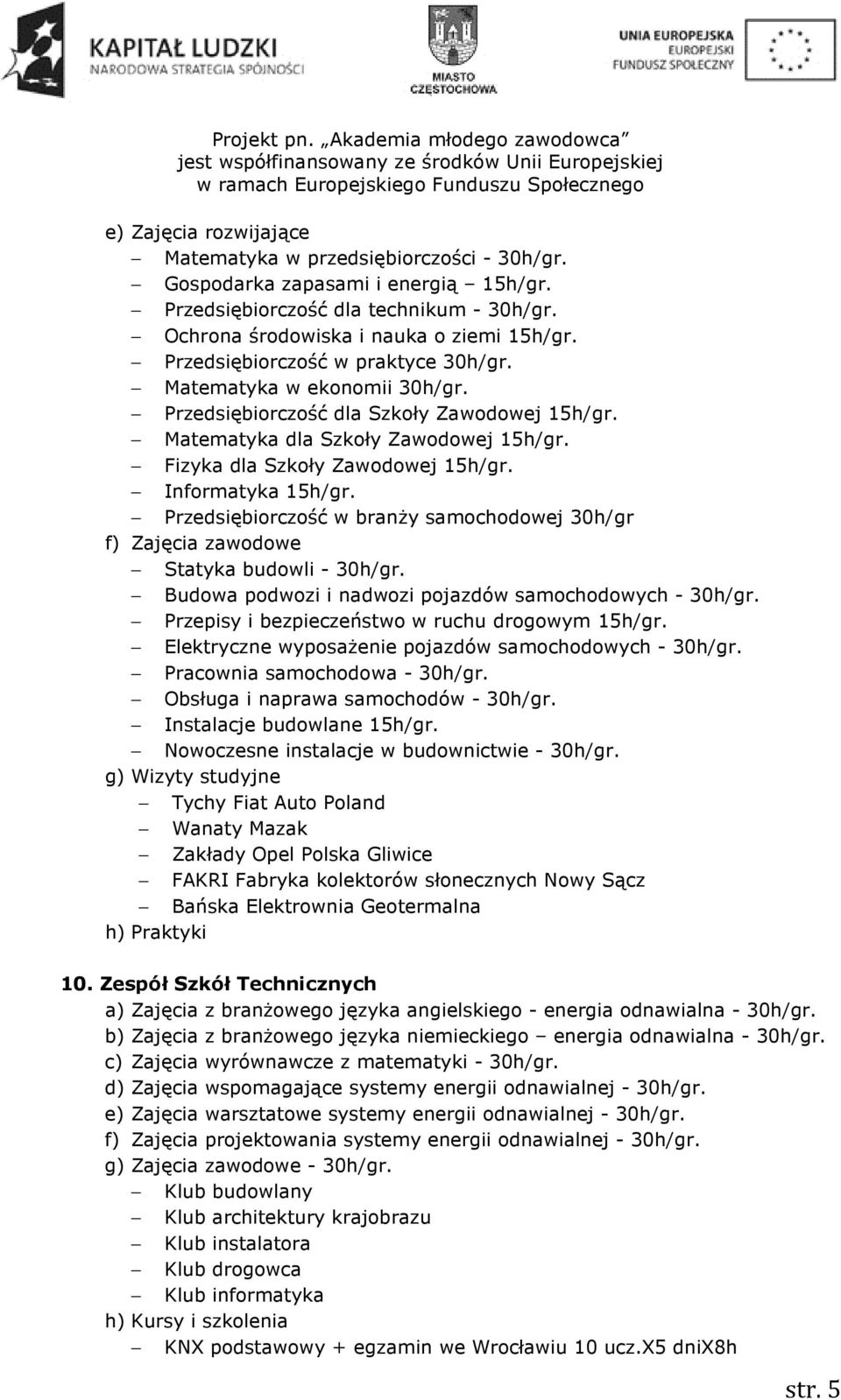 Informatyka 15h/gr. Przedsiębiorczość w branży samochodowej 30h/gr f) Zajęcia zawodowe Statyka budowli - 30h/gr. Budowa podwozi i nadwozi pojazdów samochodowych - 30h/gr.