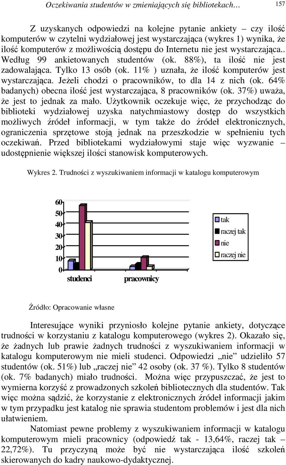 11% ) uznała, e ilo komputerów jest wystarczajca. Jeeli chodzi o pracowników, to dla 14 z nich (ok. 64% badanych) obecna ilo jest wystarczajca, 8 pracowników (ok. 37%) uwaa, e jest to jednak za mało.