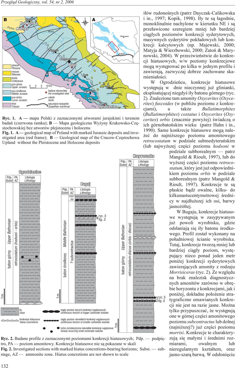 A mapa Polski z zaznaczonymi utworami jurajskimi i terenem badañ (czerwona ramka); B Mapa geologiczna Wy yny Krakowsko-Czêstochowskiej bez utworów plejstocenu i holocenu Fig. 1.