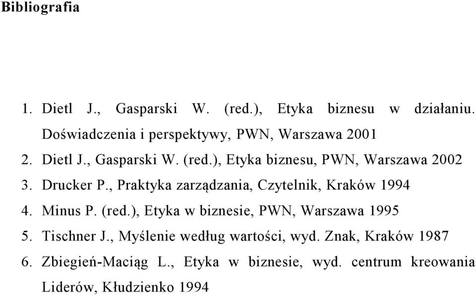 ), Etyka biznesu, PWN, Warszawa 2002 3. Drucker P., Praktyka zarządzania, Czytelnik, Kraków 1994 4. Minus P. (red.