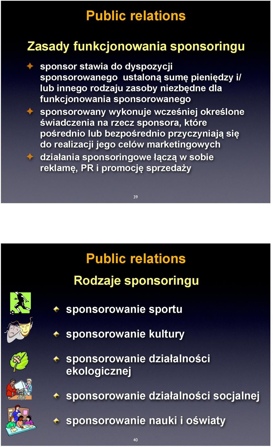 przyczyniają się do realizacji jego celów marketingowych działania sponsoringowe łączą w sobie reklamę, PR i promocję sprzedaży 39 Public relations