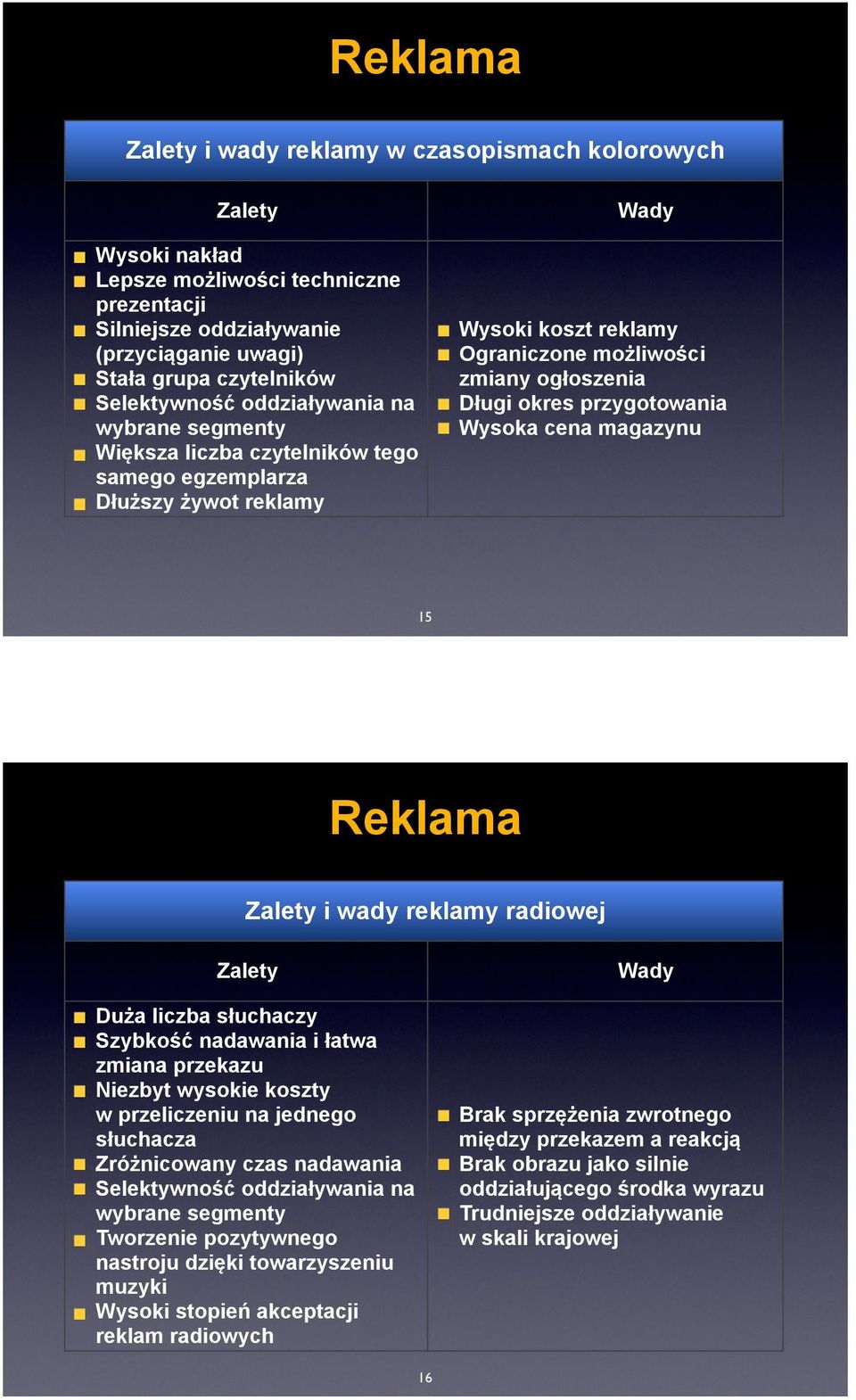 przygotowania Wysoka cena magazynu 15 Reklama Zalety i wady reklamy radiowej Zalety Wady Duża liczba słuchaczy Szybkość nadawania i łatwa zmiana przekazu Niezbyt wysokie koszty w przeliczeniu na