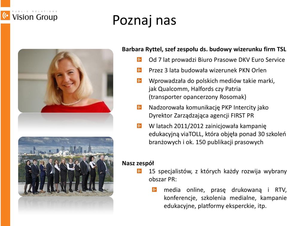 Qualcomm, Halfords czy Patria (transporter opancerzony Rosomak) Nadzorowała komunikację PKP Intercity jako Dyrektor Zarządzająca agencji FIRST PR W latach 2011/2012