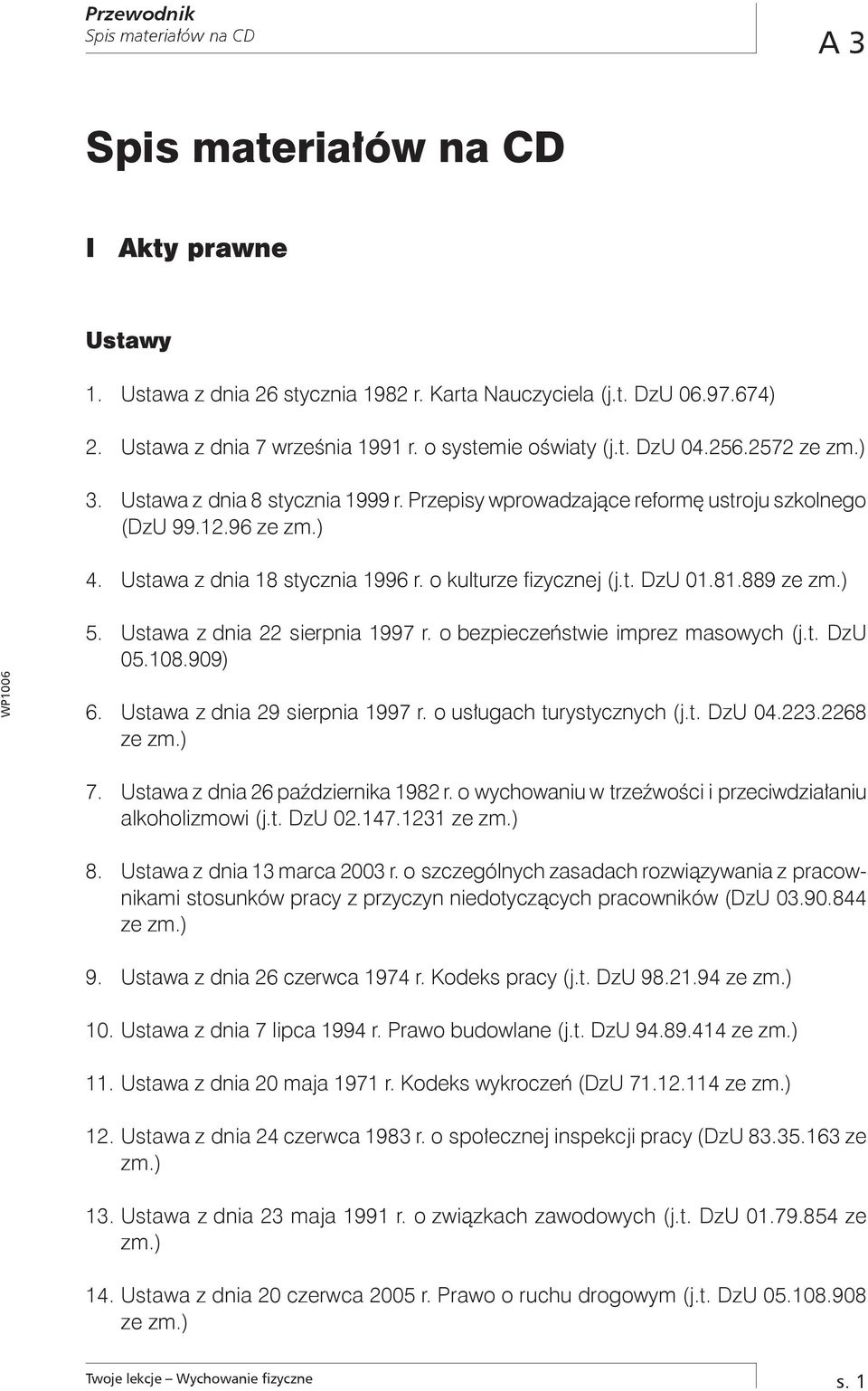 Ustawa z dnia 22 sierpnia 1997 r. o bezpieczeństwie imprez masowych (j.t. DzU 05.108.909) 6. Ustawa z dnia 29 sierpnia 1997 r. o usługach turystycznych (j.t. DzU 04.223.2268 7.